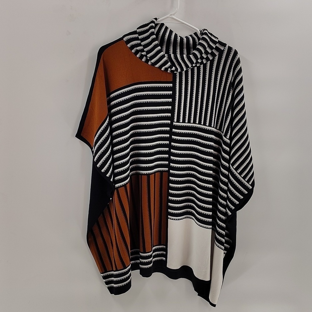 MING WANG poncho shrug one size black white and rust stripe with collar